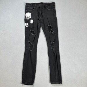 Forever 21 Mens Skinny Jeans Size 32 Black Skull Distressed Punk Rock Goth Denim